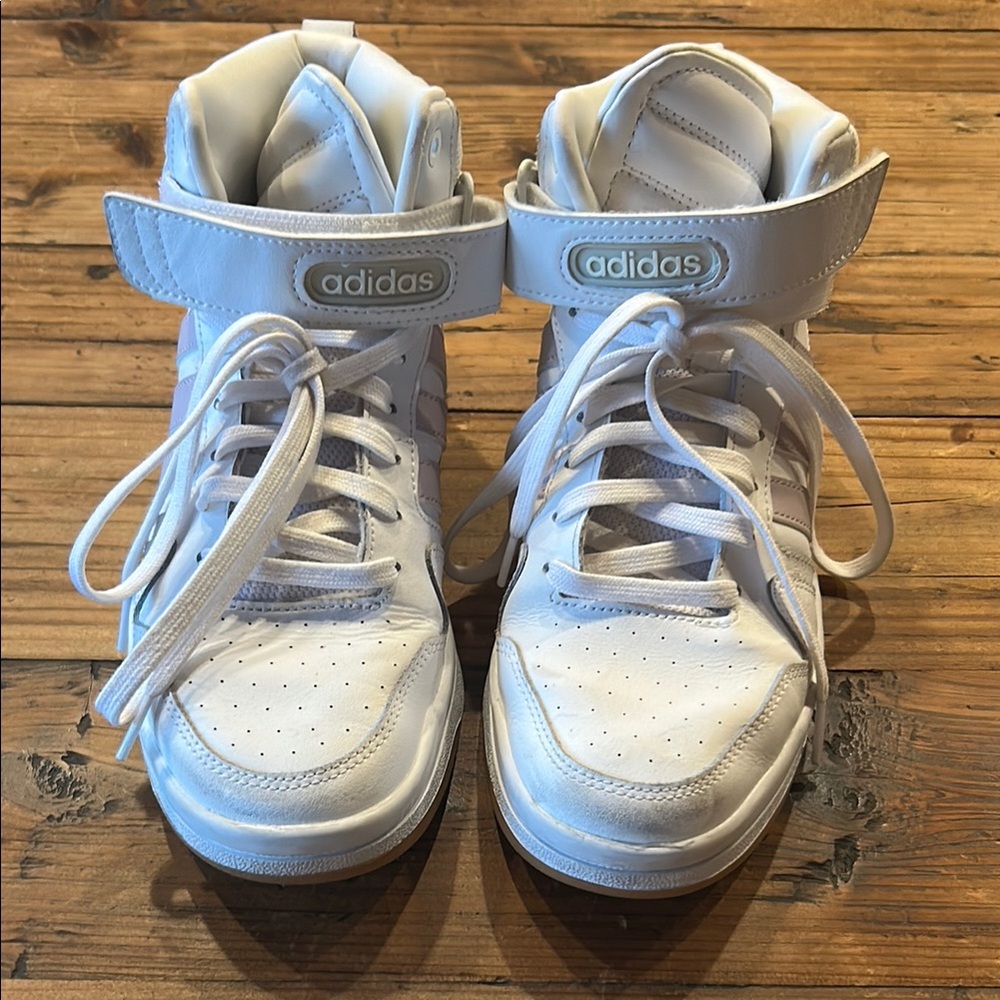 Adidas high top sneakers. White with light pink stripes. Lightly worn. - Picture 2 of 6